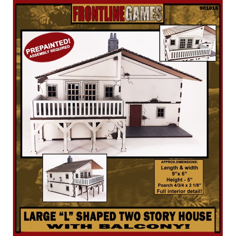 Large Two Story L Shaped House w/ Balcony Prepainted Laser-cut 28mm Buildings WWII FRONTLINE GAMES