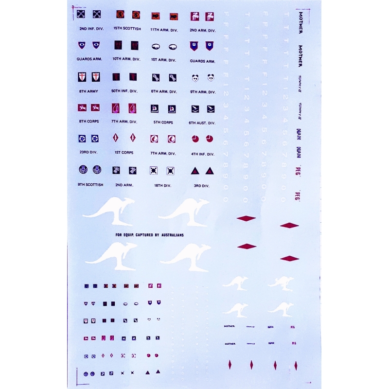 28mm WWII British & Australian Armor Division Insignia Decals for small to large vehicles