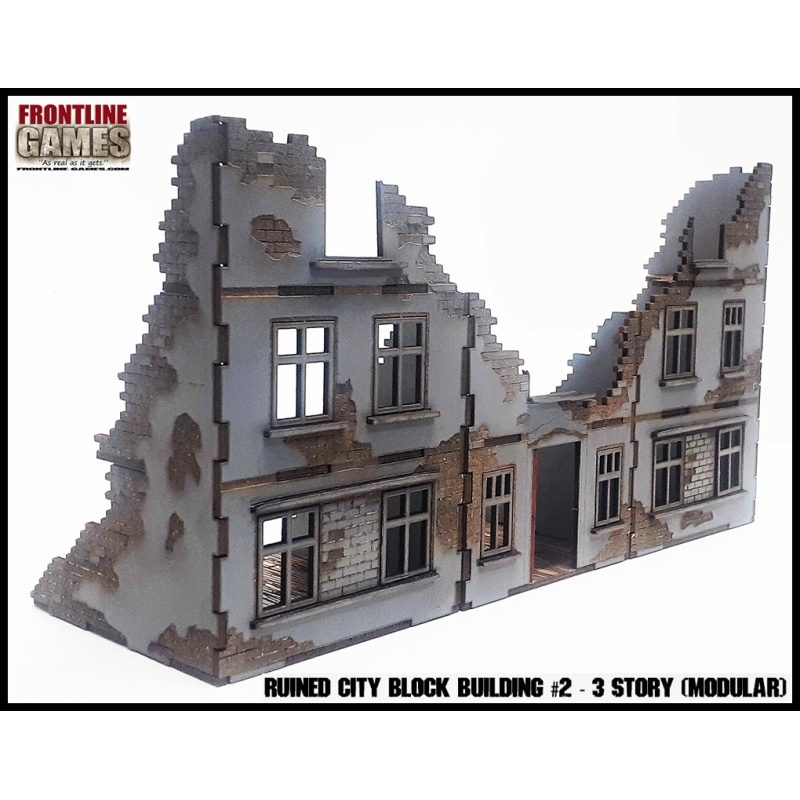 RUINED CITY BLOCK BUILDING 2 THREE STORY Pre painted Laser cut 28mm WWII FRONTLINE GAMES
