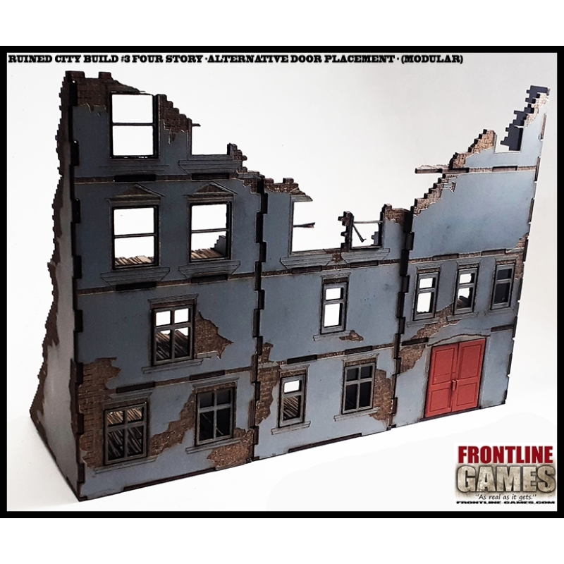 RUINED CITY BLOCK BUILDING 3 - FOUR STORY - ALTERNATIVE DOOR PLACEMENT - Pre painted Laser cut 28mm WWII FRONTLINE GAMES