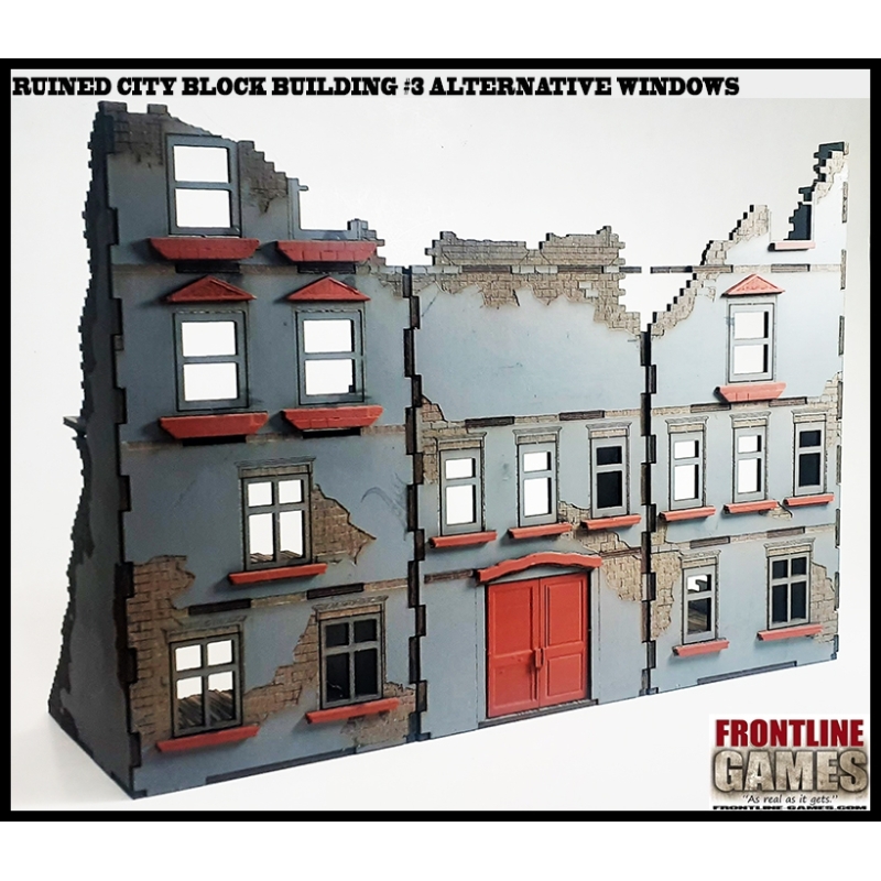RUINED CITY BLOCK BUILDING 3 - FOUR STORY ALTERNATIVE WINDOWS Pre painted Laser cut 28mm WWII FRONTLINE GAMES